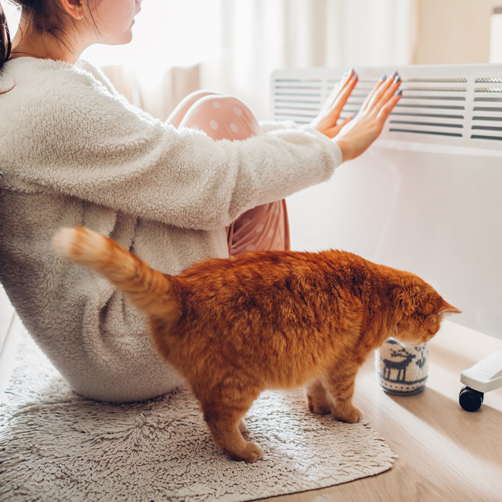A woman with hands up to the heater and a cat standing next to her