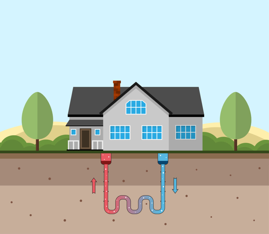Illustration of eco friendly house with geothermal heating and energy generation