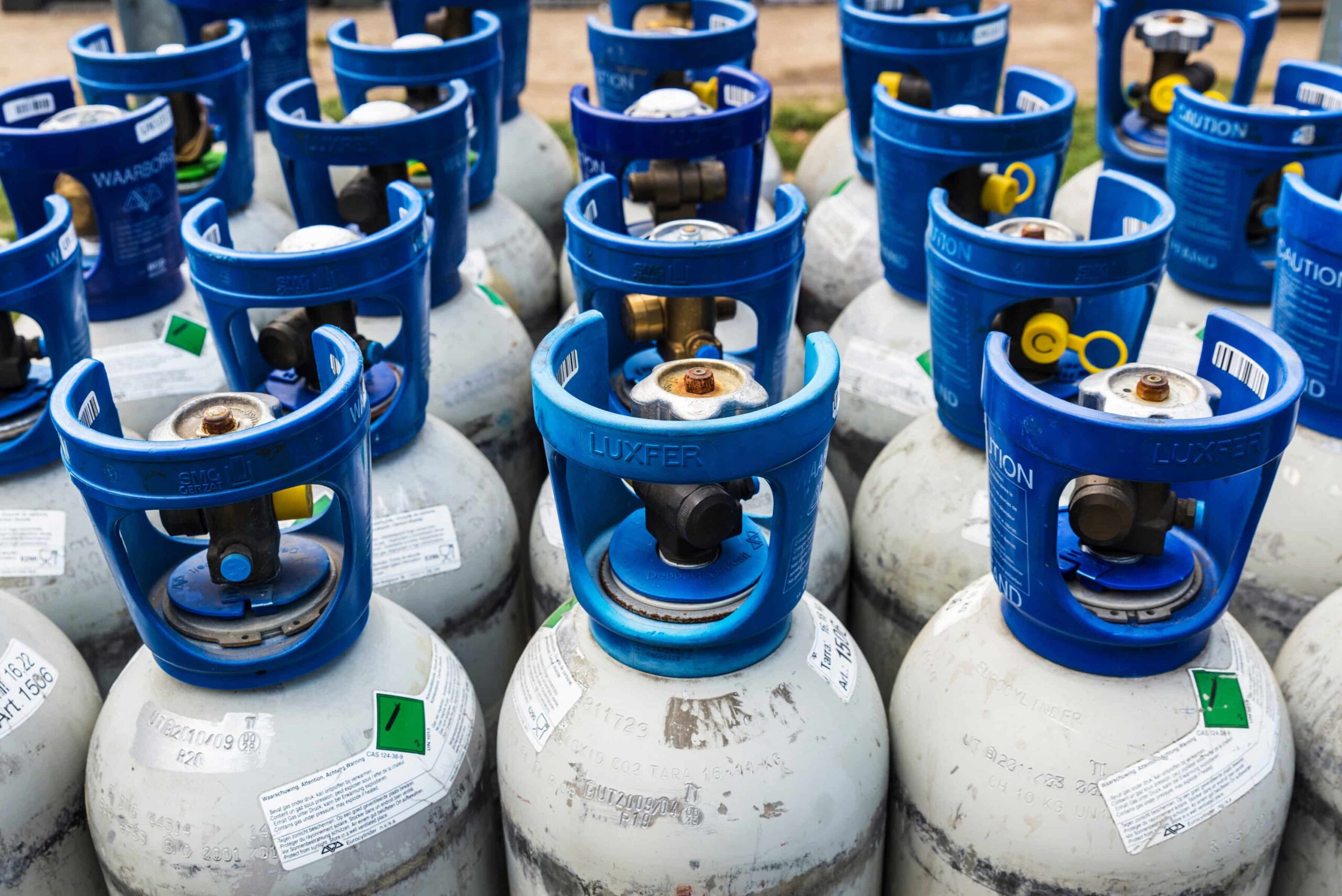 Refrigerant gas cylinders under pressure ready to transport