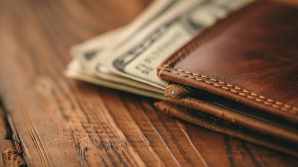 view of money in a brown leather wallet on a wooden table