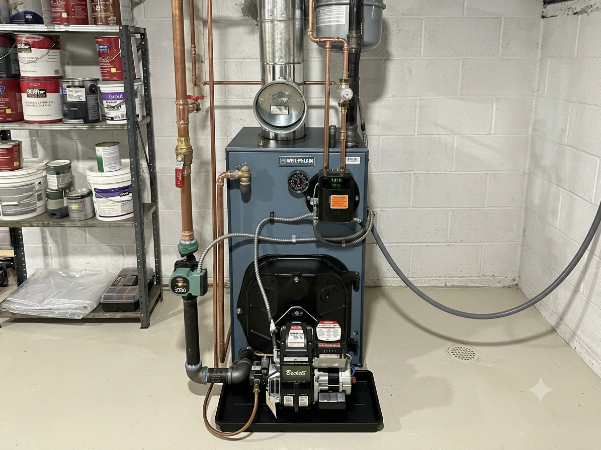 A Weil-McLain oil-fired boiler with new copper piping and circulator in a basement
